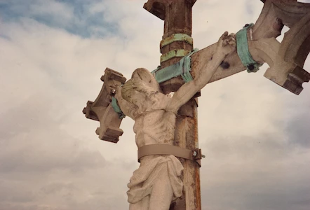 Stone statue of Jesus on the cross at St Walburge's, secured during restoration work.