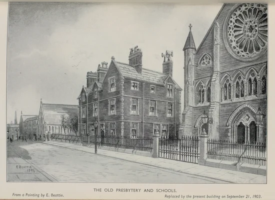 An 1896 painting by E. Beattie showing the former St Walburge's presbytery and schools, replaced in 1903.