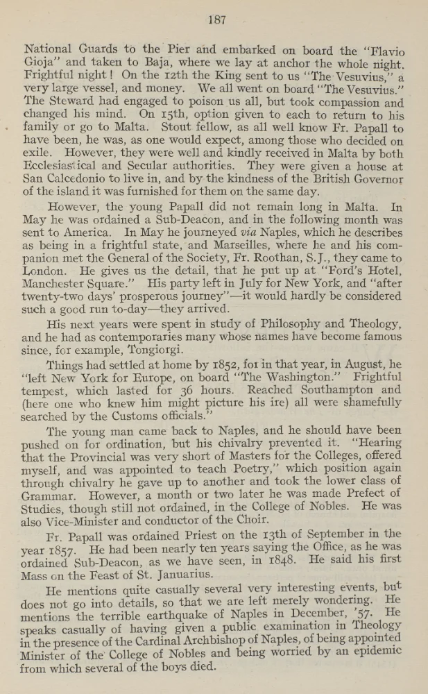 Printed page 187, continuing the article on Fr. Papall S.J., covering exile to Malta, ordination as Sub-Deacon, travel to America, and ordination as priest in 1857.