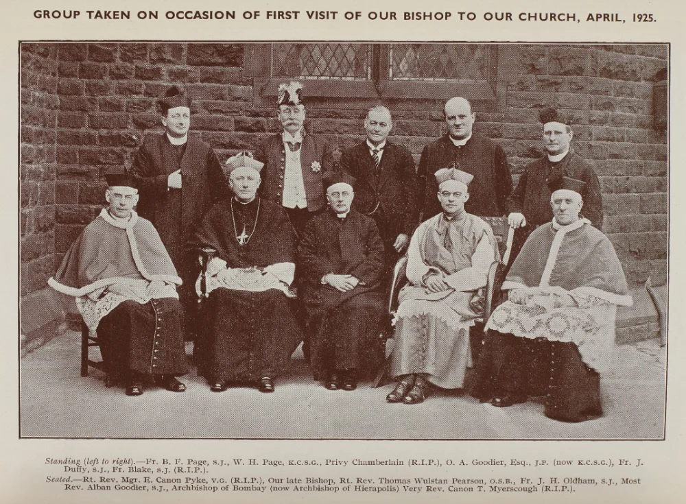 Group photograph outside the church marking the first visit of the Bishop, April 1925. Clergy and laymen stand and sit for the photograph, named in the printed caption below.
