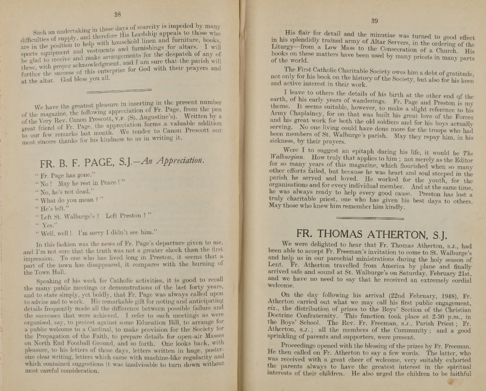 Printed pages 38–39, an appreciation of Fr. Page's departure from the parish, followed by an article on Fr. Thomas Atherton's arrival in 1948.