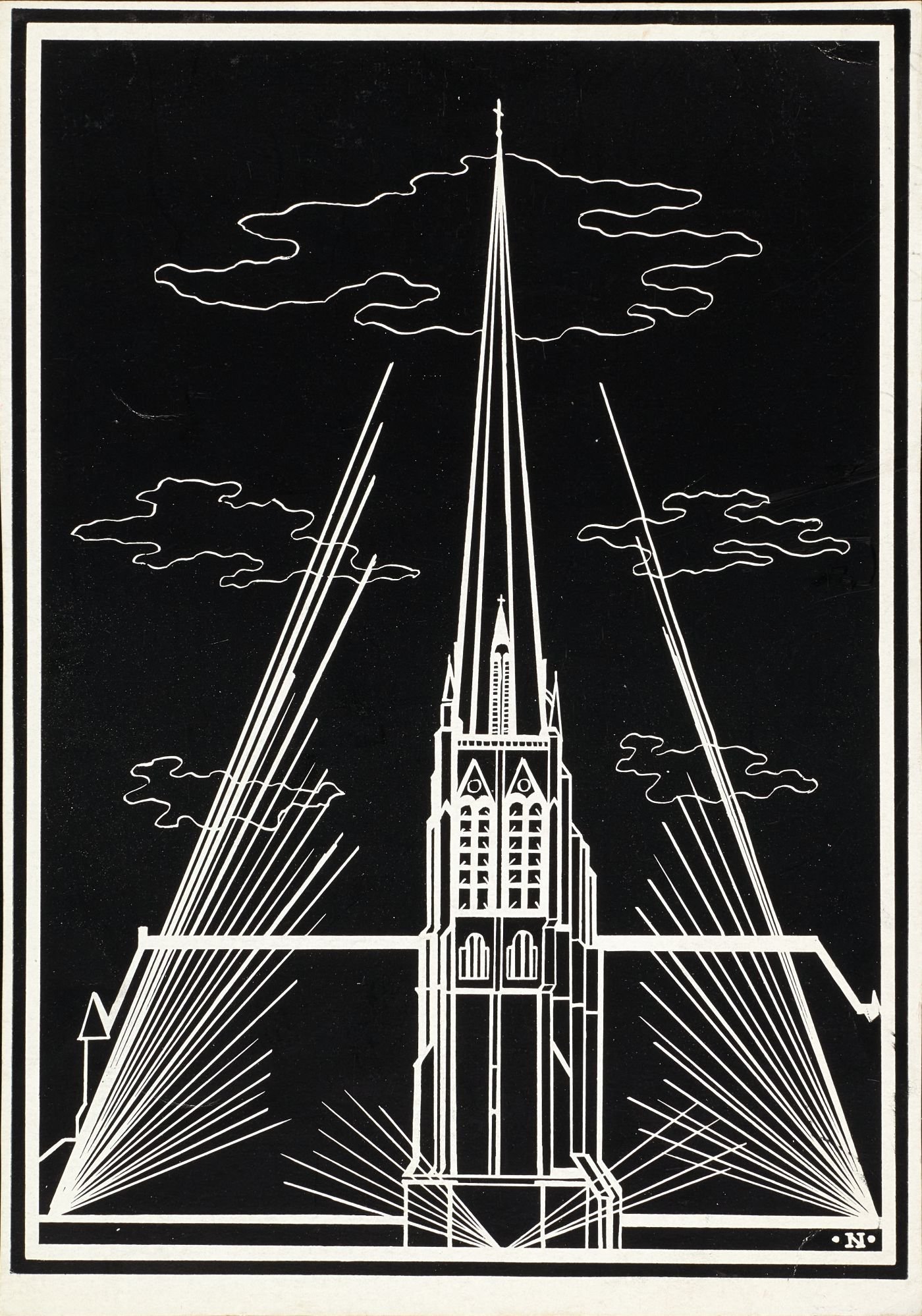 Stylised black and white illustration of St Walburge's spire with radiating light beams, initialled "N."