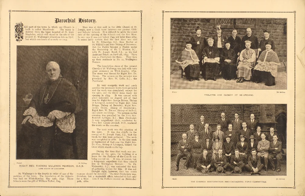 Printed spread with a "Parochial History" text column, a portrait of Rt Rev. Thomas Wulstan Pearson O.S.B., and two captioned group photographs: "Prelates and Clergy at Re-Opening" and "The Church Restoration and Cathedral Fund Committee."