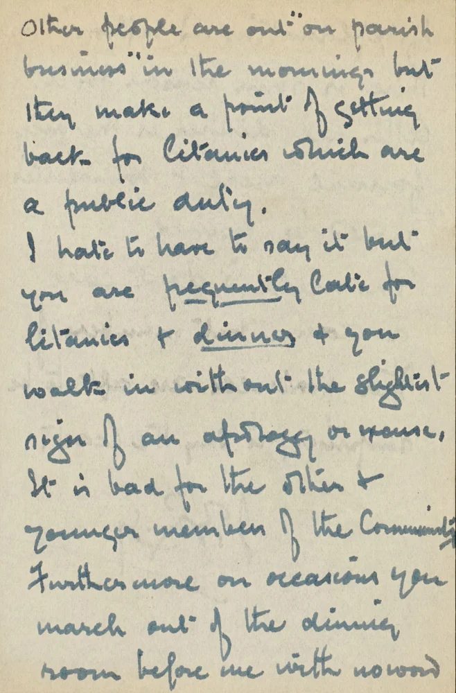 Page of handwritten letter from Fr. Rowland to Fr. B. F. Page, reprimanding him for repeated lateness to Litanies and dinner without apology, setting a poor example to younger community members.