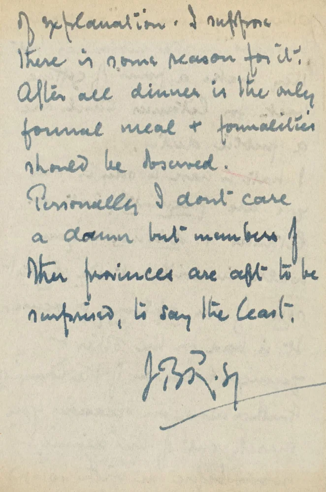 Second page of handwritten letter from Fr. Rowland to Fr. B. F. Page, continuing the reprimand on punctuality and dinner formalities, signed with initials.