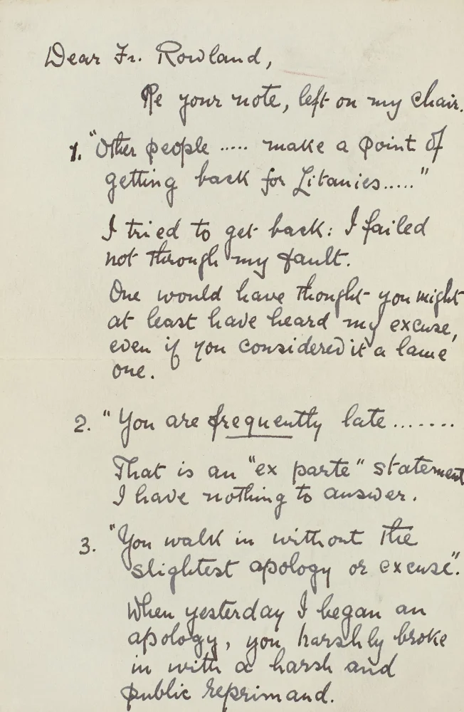Handwritten letter from Fr. B. F. Page S.J. addressed "Dear Fr. Rowland," replying point by point to the reprimand about lateness for Litanies and dinner.