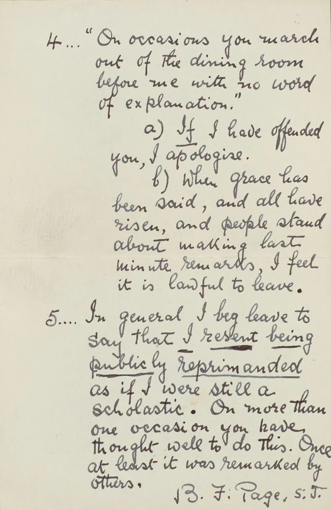 Concluding page of handwritten letter from Fr. B. F. Page S.J. to Fr. Rowland, rebutting the reprimand and objecting to being publicly reprimanded; signed.