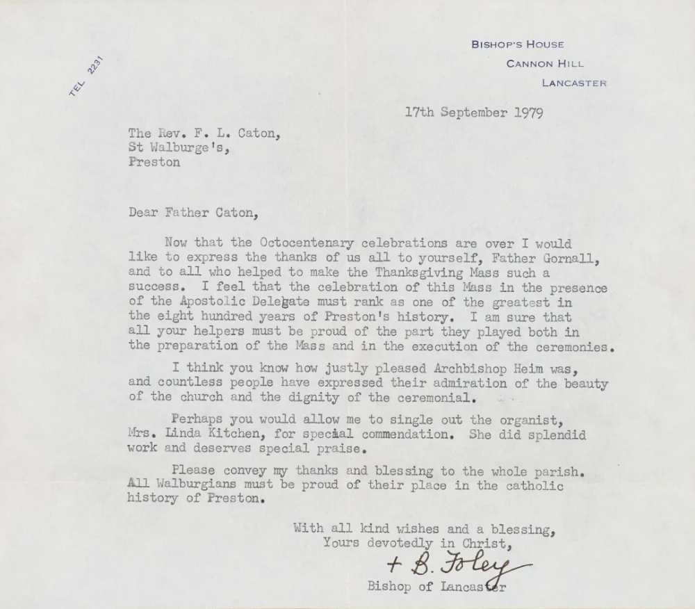 Typed letter from Bishop B. Foley thanking Fr. Caton and the parish for the Octocentenary Thanksgiving Mass with the Apostolic Delegate, dated 17th September 1979.