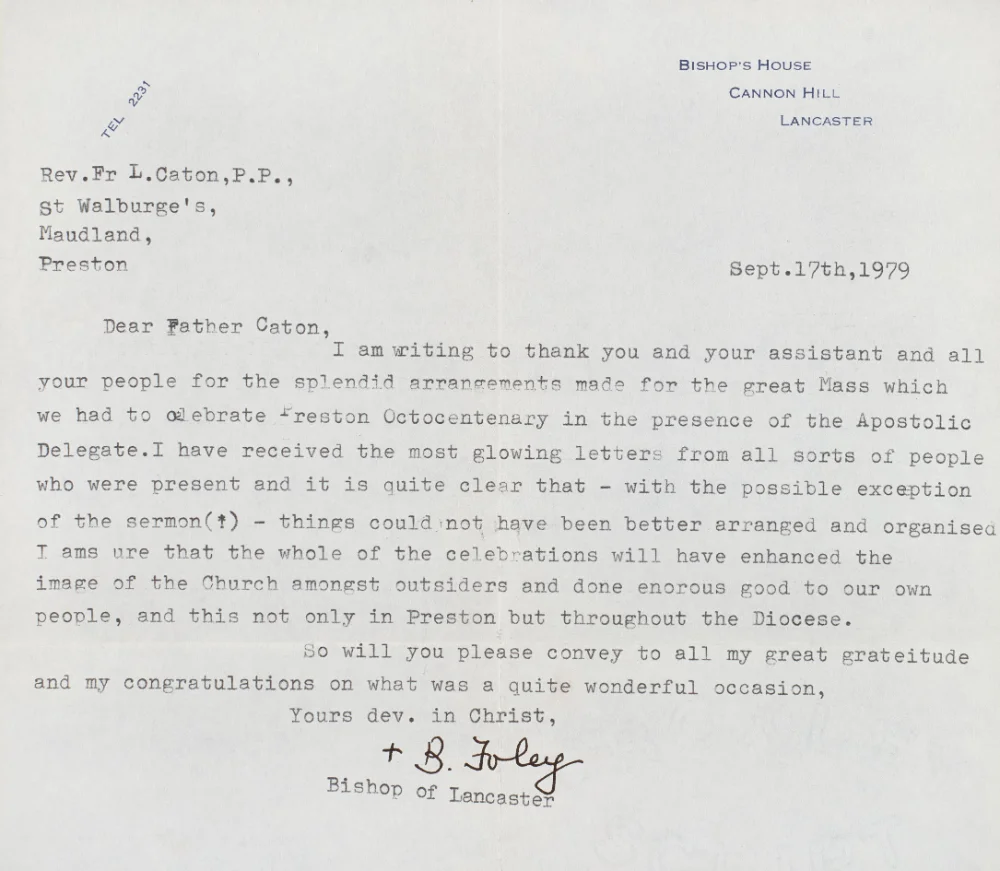 Second typed letter from Bishop B. Foley to Fr. Caton, thanking the parish for the Octocentenary Mass arrangements, dated 17th September 1979.