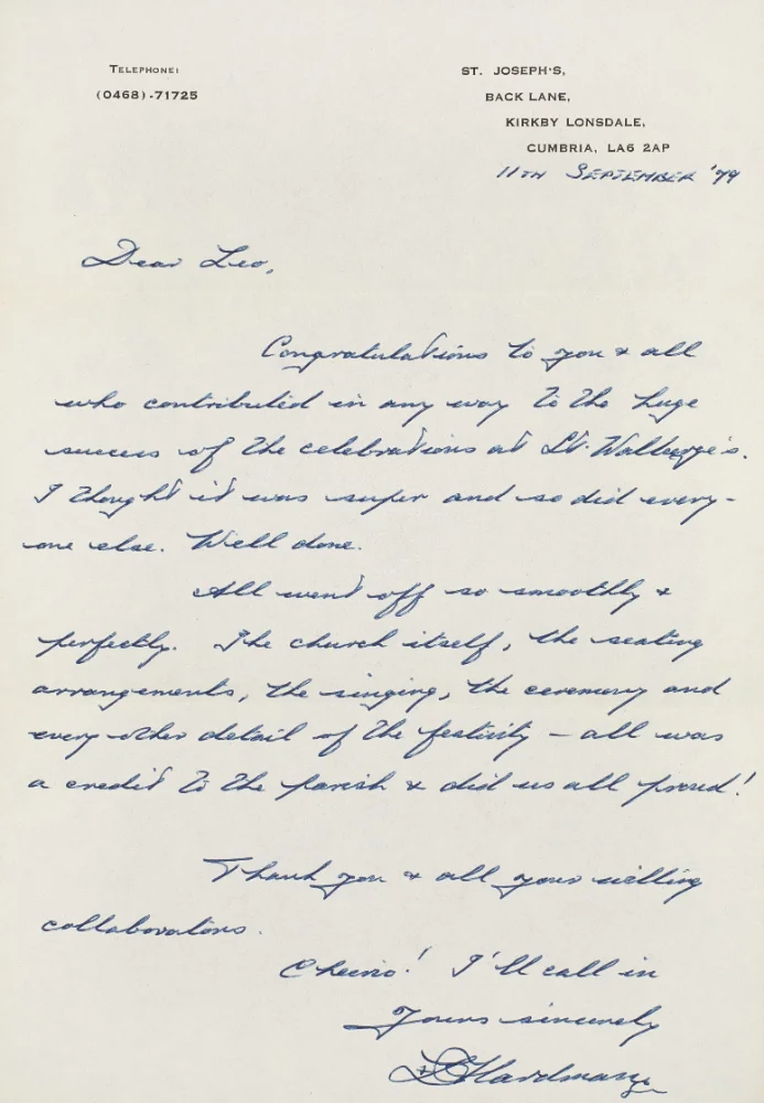 Handwritten letter from St. Joseph's, Kirkby Lonsdale, dated 11th September 1979, congratulating "Leo" (Fr. Caton) on the success of the St. Walburge's celebrations.