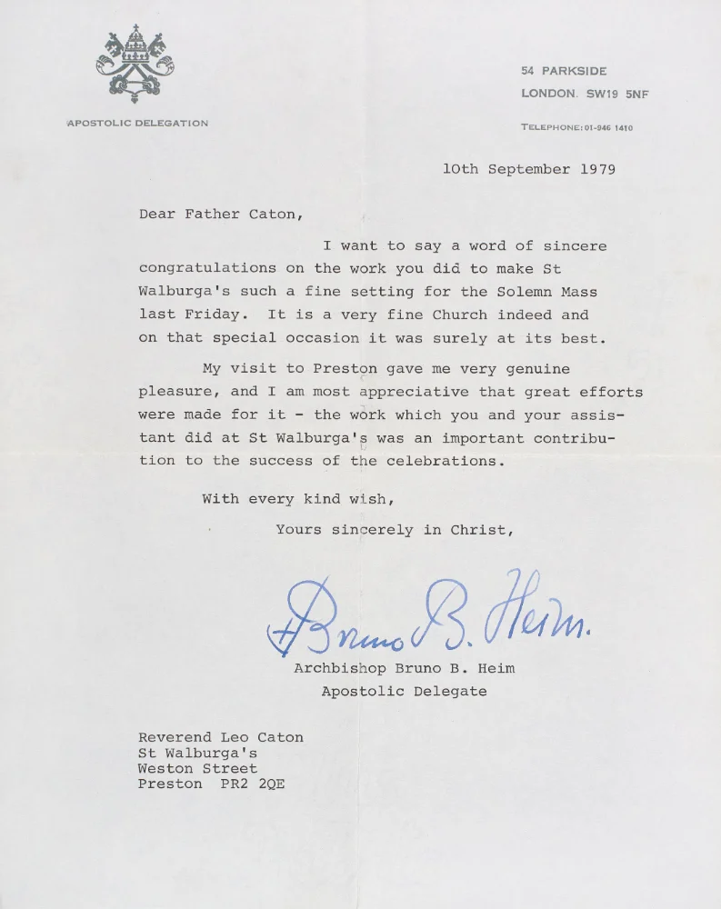 Typed letter from Archbishop Bruno B. Heim, Apostolic Delegate, congratulating Fr. Leo Caton on the Solemn Mass at St Walburge's, dated 10th September 1979.