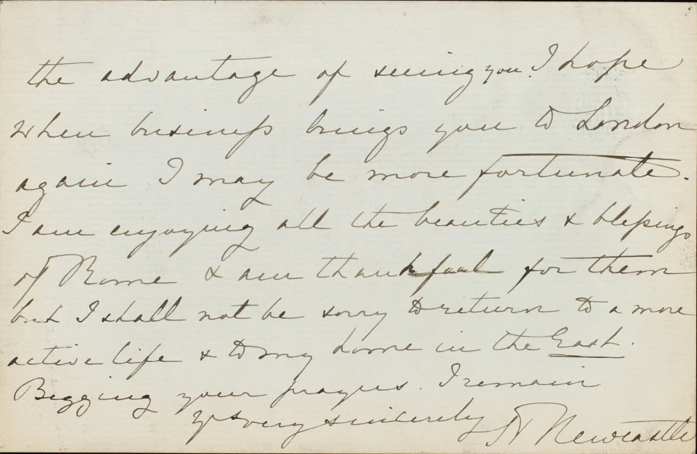 Second page of handwritten letter from Rome to Fr. Papall, mentioning a return to "my home in the East," signed "Fr. Newcastle."