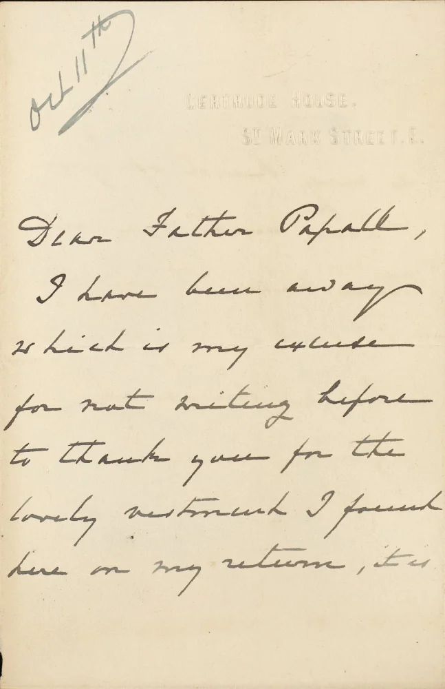 Handwritten letter on Gertrude House, St Mark Street letterhead, dated Oct 11th, addressed "Dear Father Papall," thanking him for a vestment received on the writer's return.