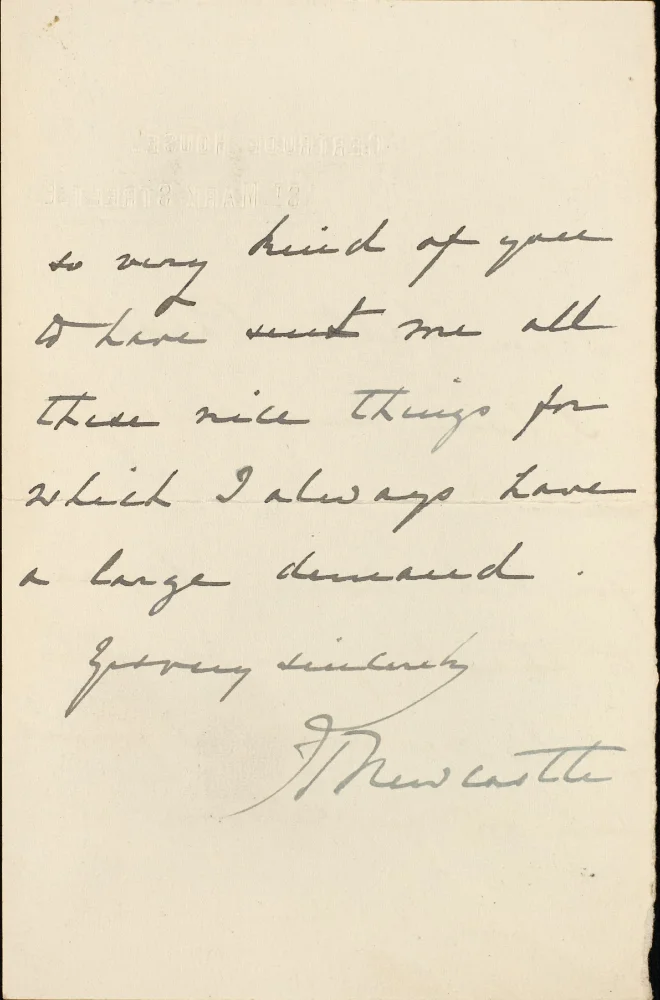 Second page of handwritten letter to Fr. Papall, thanking him for "nice things" sent, signed "Fr. Newcastle."