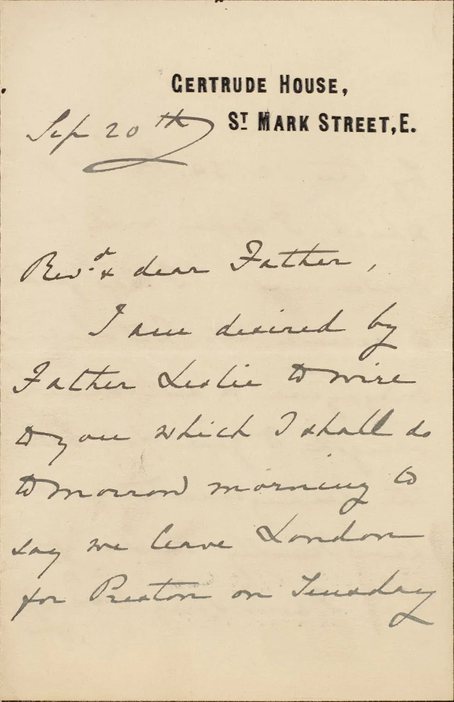 Handwritten letter on Gertrude House, St Mark Street letterhead, dated Sep 20th, addressed "Rev. and dear Father," announcing departure from London for Preston on Tuesday.