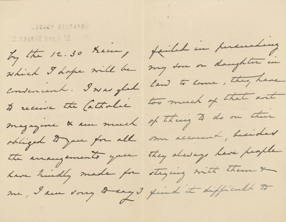 Continuation of handwritten letter on Gertrude House letterhead, discussing travel arrangements and family visiting difficulties.