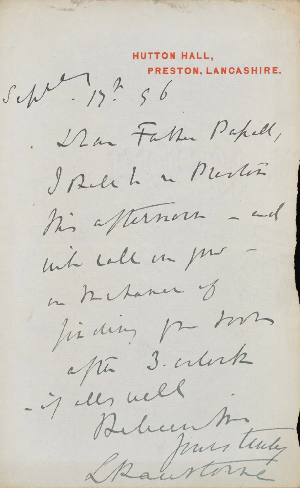 Handwritten letter on Hutton Hall, Preston letterhead, dated Sept 17th [18]56, addressed "Dear Father Papall," proposing a call after 3 o'clock, signed.
