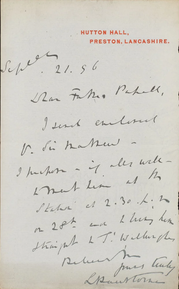 Handwritten letter on Hutton Hall, Preston letterhead, dated Sept 21st [18]56, addressed "Dear Father Papall," proposing to meet a visitor at the station and bring him to St Walburge's.