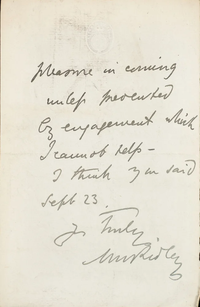 Continuation of handwritten letter, confirming attendance on Sept 23 unless prevented by another engagement, signed.