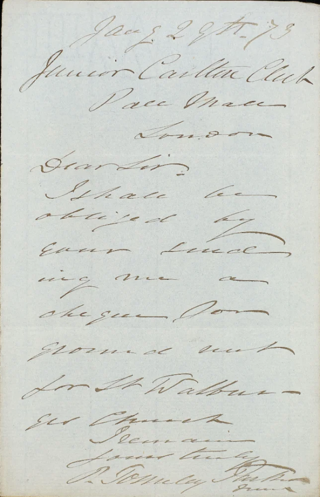 Handwritten letter on Junior Carlton Club, Pall Mall, London letterhead, dated Jan 29th, 1873, requesting a cheque for ground rent for St Walburge's Church, signed.