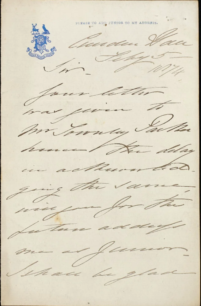Handwritten letter on crested letterhead, dated Feb 5th 1874, addressed "Sir," explaining a delay caused by a letter being passed to "Mr Townley Parker."