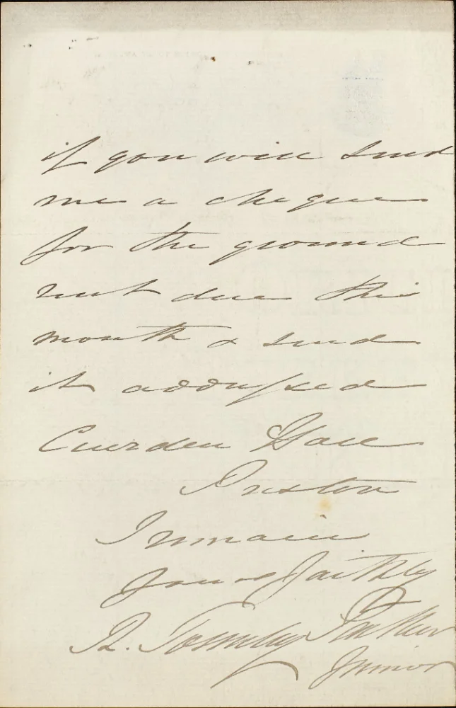 Continuation of handwritten letter, requesting a cheque for ground rent addressed to Cuerden Hall, Preston, signed R. Townley Parker, Junior.