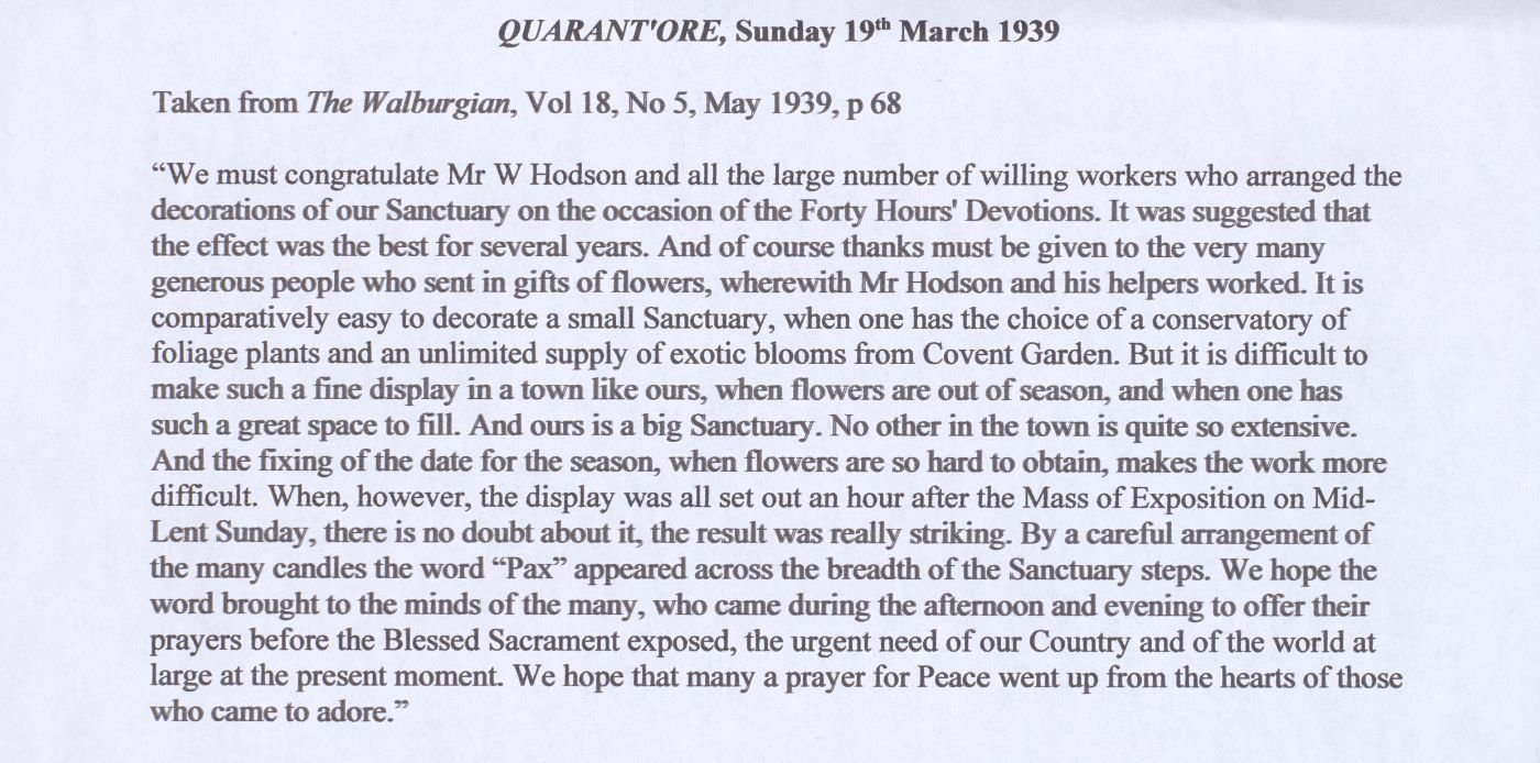 Typed extract from The Walburgian parish magazine (Vol 18, No 5, May 1939) reporting on the sanctuary decorations for the Forty Hours' Devotions held on 19 March 1939, describing the floral display and the word "Pax" formed in candles across the sanctuary steps.