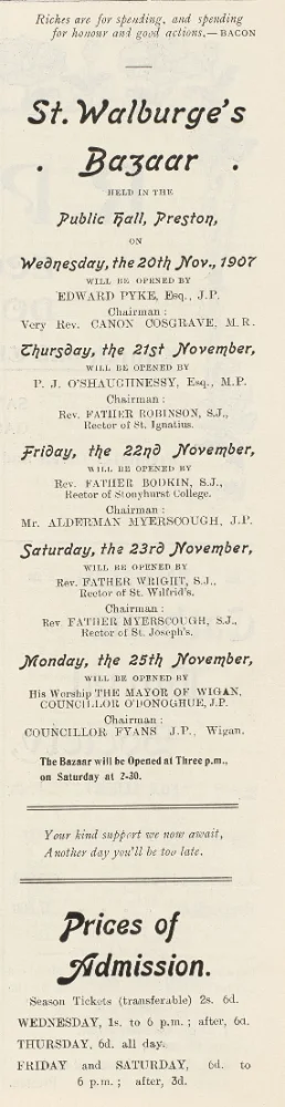 Printed programme page for St Walburge's Bazaar, Public Hall, Preston, listing daily openers and chairmen from 20th–25th November 1907, with admission prices.