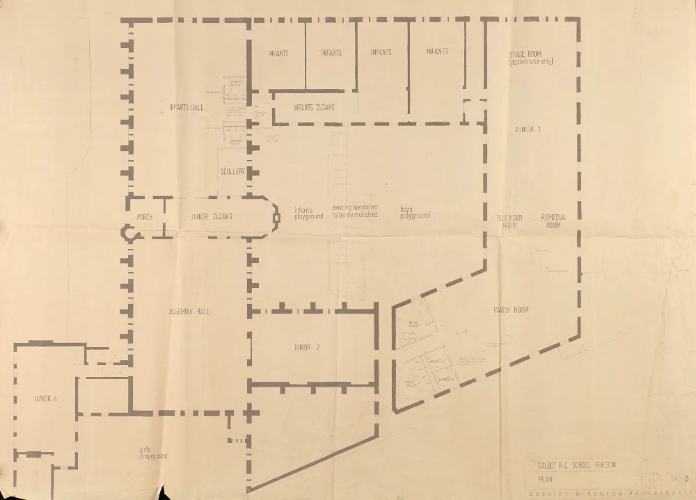 Architectural floor plan of Talbot R.C. School, Preston, by Cassidy & Ashton Partnership, labelled with classrooms, halls, playgrounds, and parish rooms.