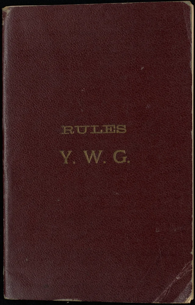 Maroon leather-bound guild booklet cover embossed in gold with "Rules Y.W.G." (Young Women's Guild)