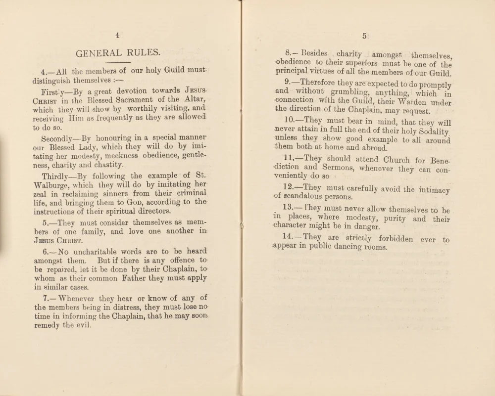 Printed pages listing General Rules 4–14 of the Young Women's Guild, covering devotion, conduct, obedience, and behaviour expected of members. 
