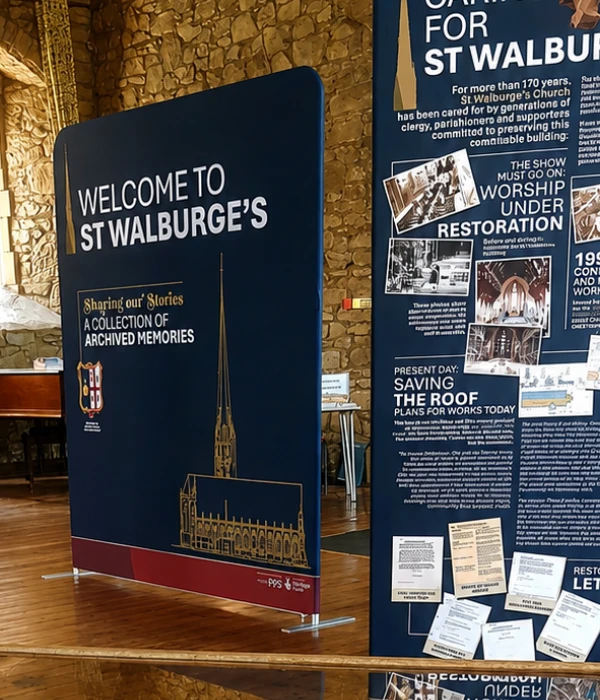 St Walburge’s exhibition in the hall, featuring exhibition stands, a welcome stand and an archival information display.